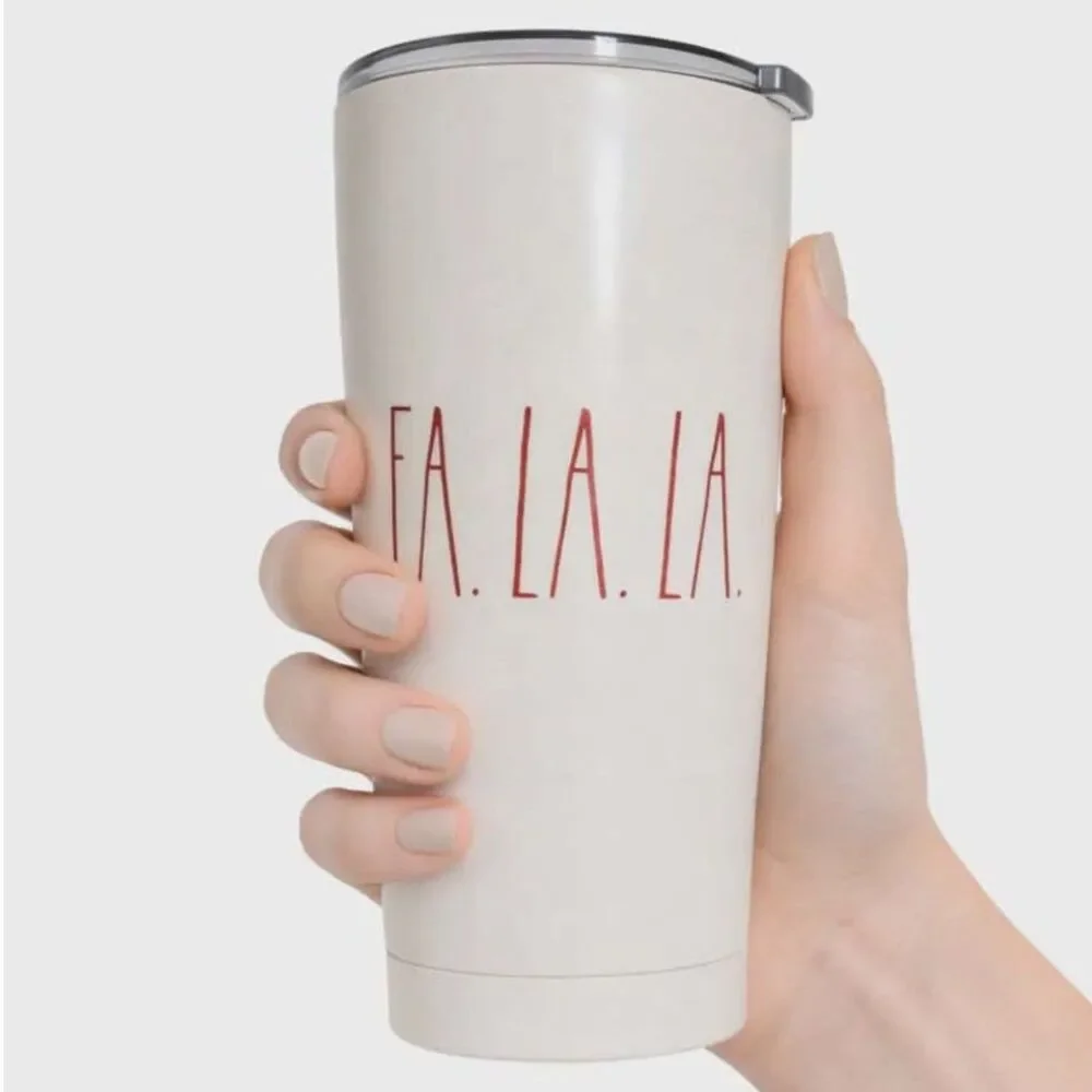 Rae Dunn 17 oz Fa LA LA Travel Tumbler Mug Cup STAINLESS STEEL White HOLIDAY